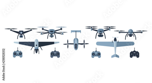 Flat Vector Drone Collection with Quadcopters Fixed-Wing UAVs and Remote Controllers