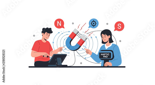 Magnetism and Haptic Technology Illustration with People and Physics Concepts