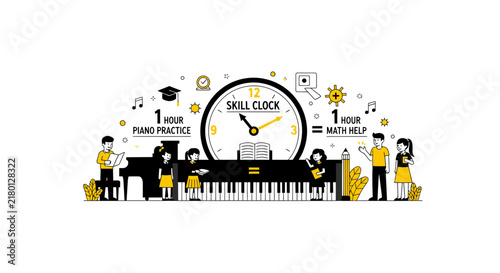 Skill Clock Concept Illustration: Kids Time Management for Piano Practice and Math