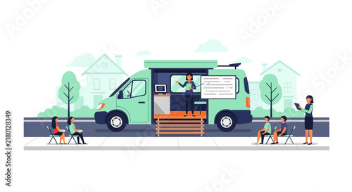 Flat vector illustration of a mobile classroom van providing community education and outreach in a residential neighborhood.