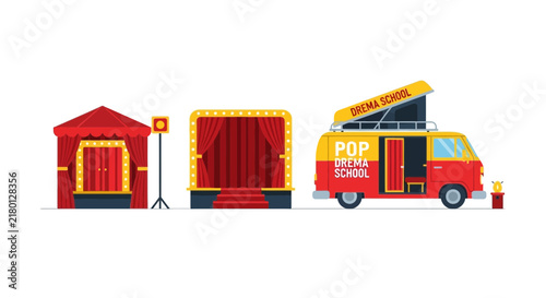 Mobile Theater and Pop-up Drama School Set with Stages and Performance Van Illustration