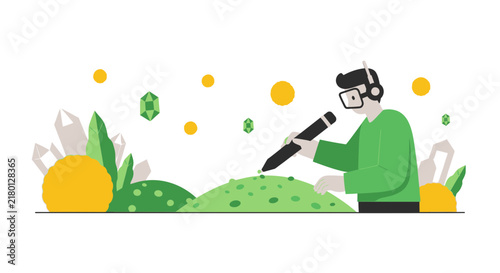 Digital Artist Creating Virtual Landscape with Stylus