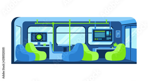 Futuristic Public Transport Interior with Bean Bag Seating and Digital Displays Flat Vector