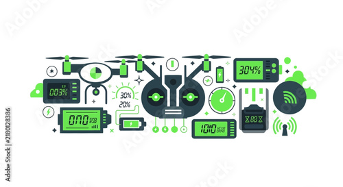 Drone Technology and Telemetry Vector Illustration with Remote Control and Battery Icons
