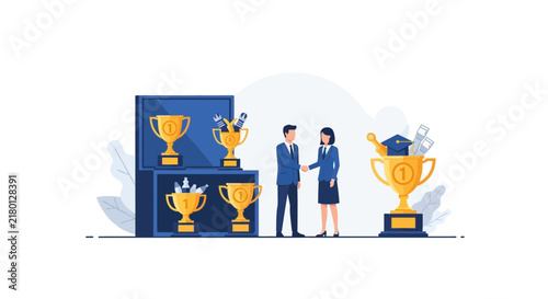 Business Success Partnership Illustration with Golden Trophy Awards