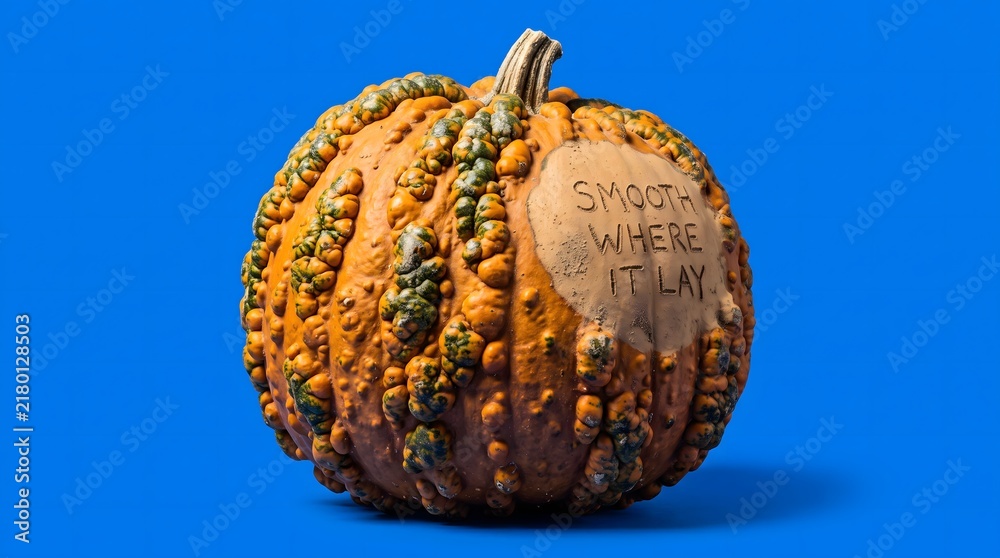 Fototapeta premium Textured knobby orange warty pumpkin with engraved message on solid blue background for autumn harvest concept