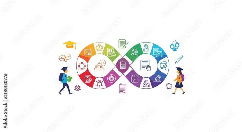 Fototapeta premium Lifelong Learning Infinity Loop Concept Illustration with Students and Education Icons