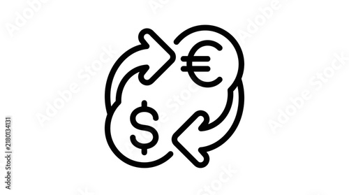 Currency exchange icon: dollar and euro symbols with arrows, isolated on transparent background.