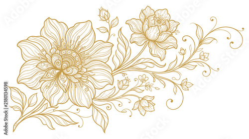 Elegant golden floral ornament with blooming peonies and vines.