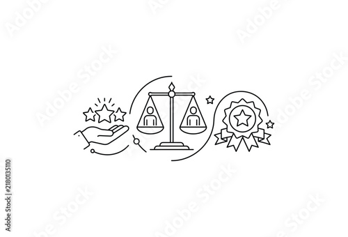 Minimalist line art business ethics concept, scales of justice with human icons, professional quality rating and customer feedback vector