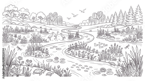Foto River landscape coloring book page with forest and wild animals.