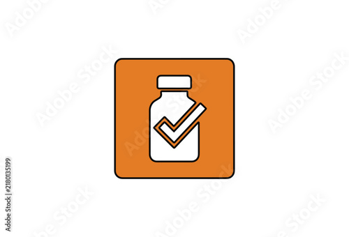 Medical vaccine bottle icon with checkmark, orange pharmacy medicine vial vector, healthcare immunization approval symbol