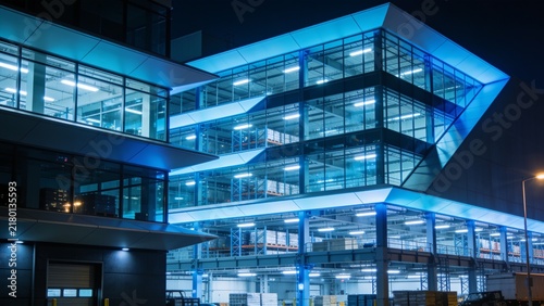 Modern glass building with futuristic blue lighting at night