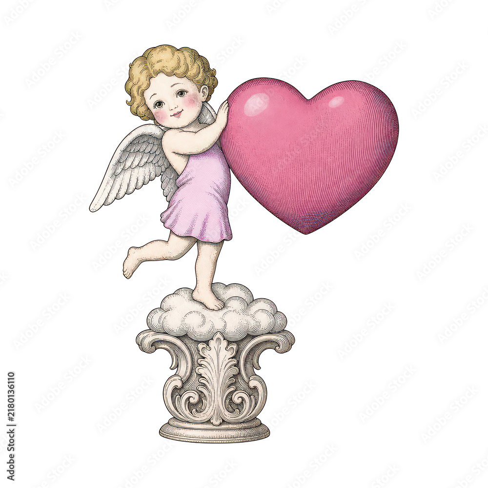 Fototapeta premium PNG Cherub with heart on ornate pedestal illustration