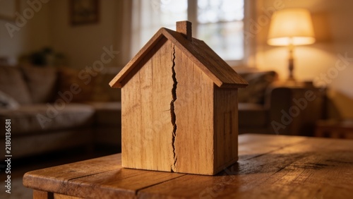 Rustic wooden house model with crack on cozy wooden table in warm living room