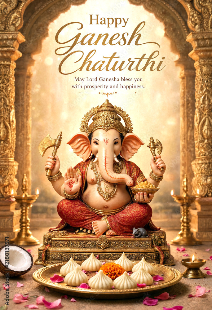 Obraz premium Beautiful Lord Ganesha statue with offerings and decorations for Ganesh Chaturthi festival celebration