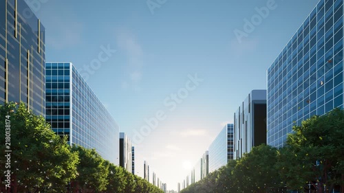 Looping 3d city footage featuring forward camera dolly, modern glass buildings, lush trees, moving clouds, falling leaves, fluttering wildflowers, warm sunlight, sustainable urban landscape, seamless 