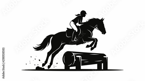 Black and white silhouette of a female equestrian jumping a log hurdle on horseback, featuring a side profile vector design with dust effects on a white background.