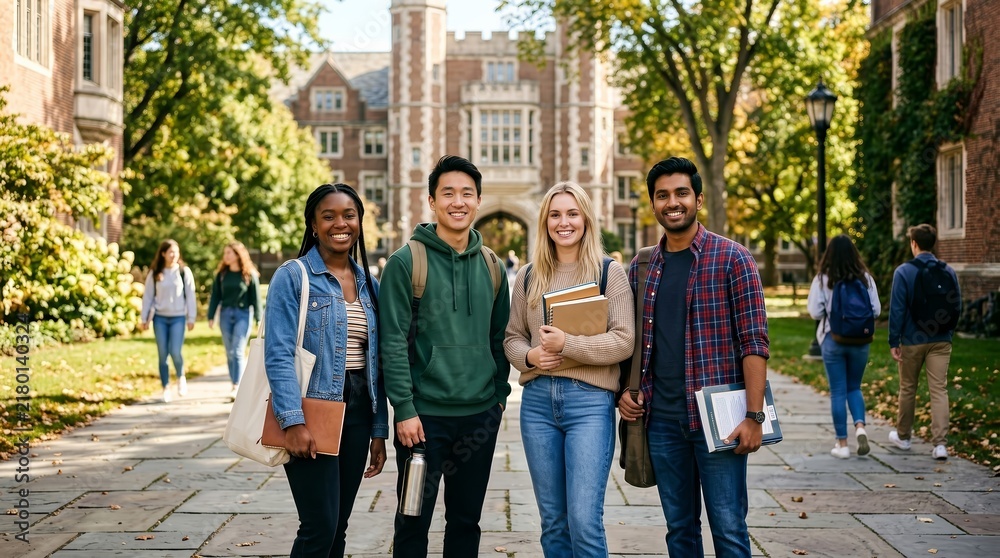 Fototapeta premium A diverse group of happy friends walking along a sunny university campus path.