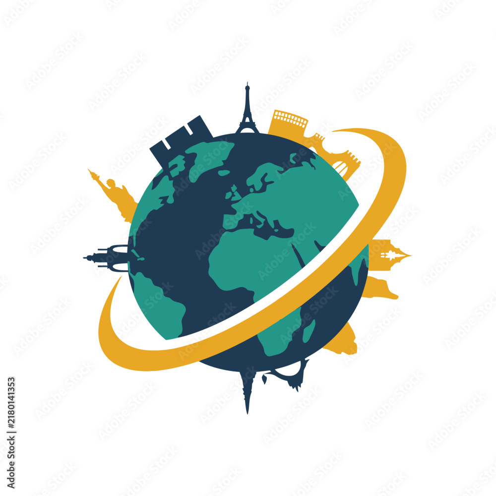 Naklejka premium Earth globe surrounded by a swoosh featuring international city landmark silhouettes. Colorful travel and tourism vector logo concept.