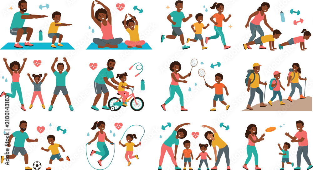 Fototapeta premium Black Family Fitness and Active Lifestyle Vector Character Set with Parents and Kids Exercising Running Cycling Hiking and Playing Sports Together