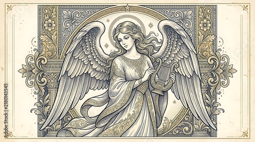 Ornate Classical Engraving of a Beautiful Female Angel with Large Wings Playing a Lyre Vintage Style