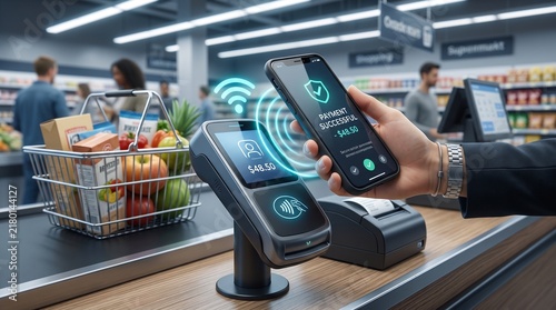 Supermarket grocery checkout with contactless mobile phone payment and full shopping cart.