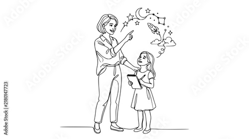 Bild auf Leinwand Mother and daughter dreaming of space travel, rockets and stars, isolated illust