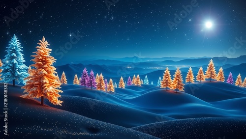 A mesmerizing winter landscape featuring vibrant, colorful trees amidst a serene, snowy terrain under a starry night sky, capturing the essence of a magical winter wonderland.