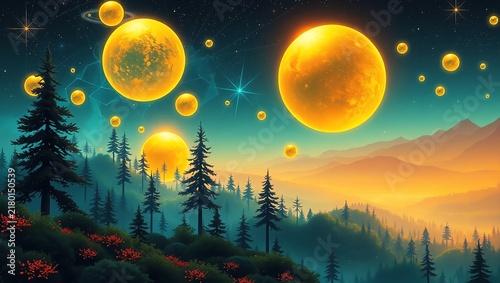 A breathtaking digital landscape featuring vibrant planets and a tranquil forest, bathed in twilight colors