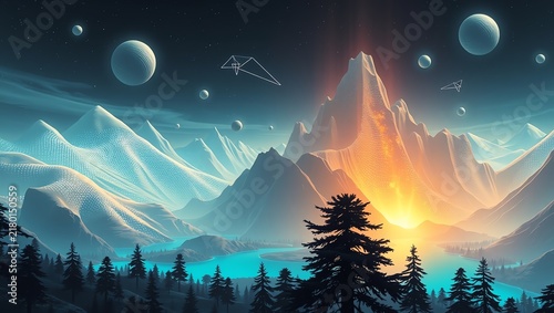 A breathtaking digital landscape showcasing majestic mountains under a cosmic sky