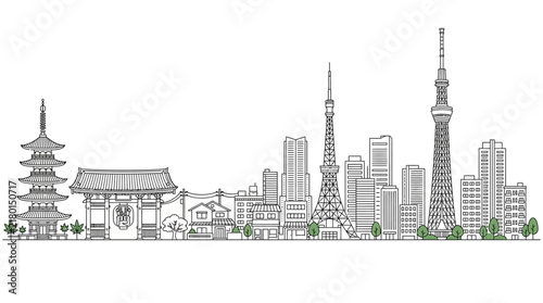 Minimalist line art illustration of the Tokyo city skyline featuring iconic landmarks and modern buildings.