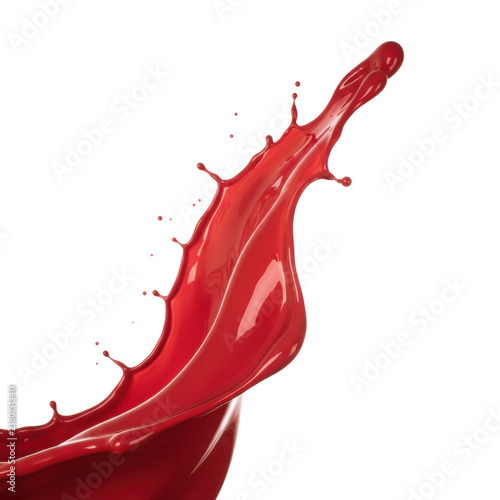 Glossy crimson red paint splash, frozen mid-air as an abstract, reflective curved sculpture with turbulence, isolated on transparent with dramatic rim lighting. Concept of fluid energy