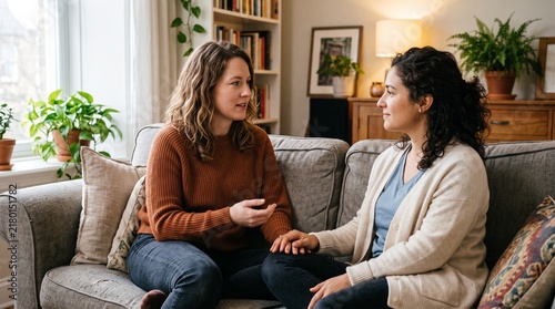 Two women holding hands and talking while sitting on a couch in a cozy living room with plants
