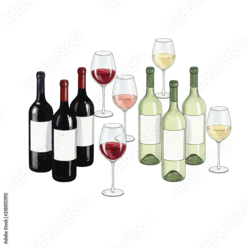 Hand-drawn watercolor illustration of various wine bottles with blank labels and stemmed glasses filled with red, white, rosé on a transparent background with visible paper texture, elegant branding