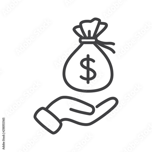 Outline money bag on hand icon.