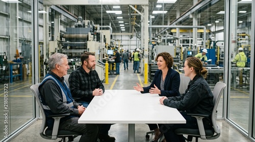 Diverse team collaborates in a modern manufacturing facility meeting room discussing industrial production strategies