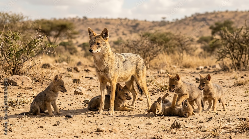 Obraz premium A mother african wild dog stands guard over her playful litter of puppies in the dry savanna landscape