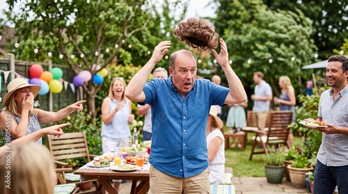 Man humorously removes wig at a garden party while friends laugh and point
