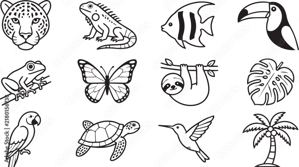 Fototapeta premium Tropical rainforest animal and jungle plant icon set illustration