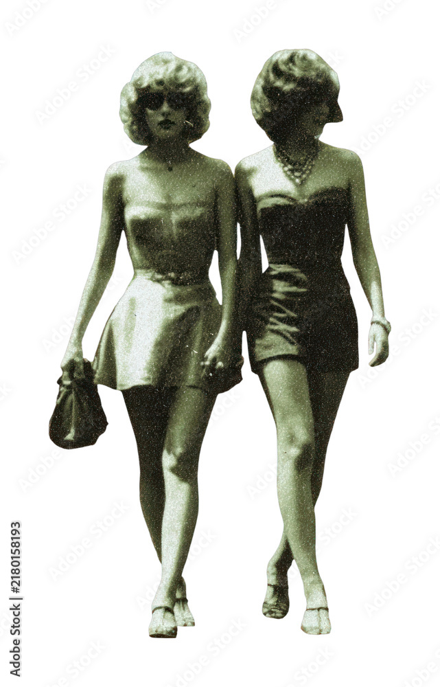 Fototapeta premium PNG Retro mobile wallpaper with two women, colorful circles, vintage style.