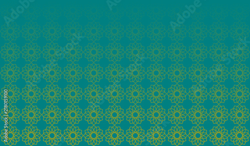 Seamless geometric rosette pattern in olive gold on a teal background
