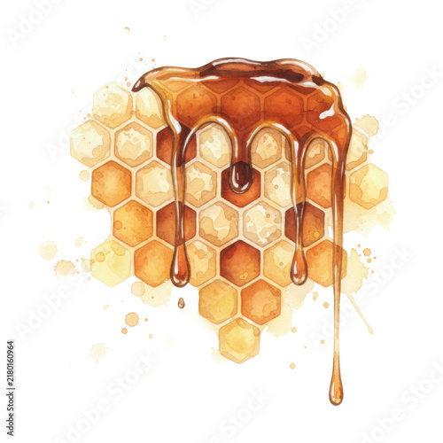 Hexagonal honeycomb cells with dripping amber syrup against a minimalist white background, rendered in an expressive watercolor style, natural indulgence atmosphere