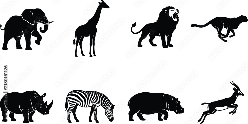 Obraz premium Set of African safari wild animal silhouettes featuring elephant, lion, giraffe, zebra, rhino, and hippo isolated on white