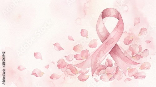 Watercolor illustration of a pink ribbon symbol for breast cancer awareness surrounded by delicate falling flower petals