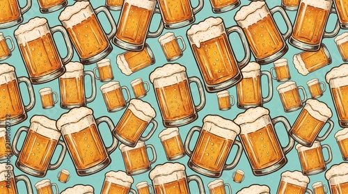 Seamless pattern with beer mugs, handdrawn illustration of glasses filled with golden ale and foam on a light blue background