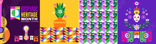 National Hispanic heritage month poster, web banner with  papel picado, guitar, decor Hispanic and Latino Americans culture, event Celebrate annual in United States Vector illustration template backgr