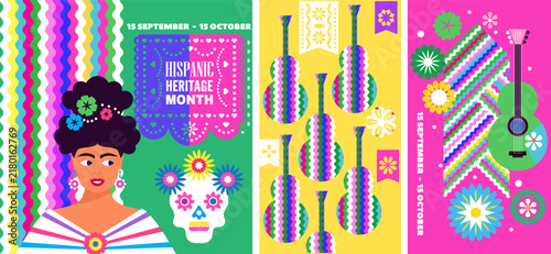 National Hispanic heritage month poster, web banner with  papel picado, guitar, decor Hispanic and Latino Americans culture, event Celebrate annual in United States Vector illustration template backgr