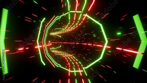 Red and green futuristic sci-fi vj tunnel loop animation background with glowing lights and tubes