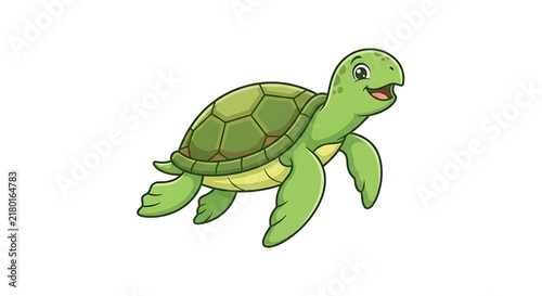 A cute cartoon green turtle swimming gracefully with a friendly smile on a plain white background.